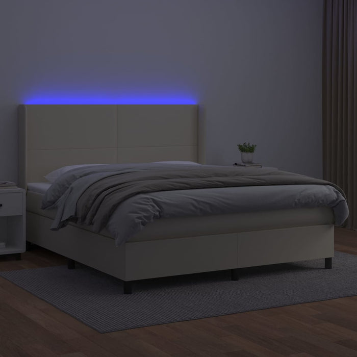 Pat cu arcuri, cu saltea și LED, crem, 160x200 cm, piele eco WALTI
