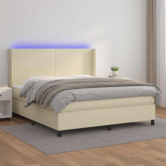 Pat cu arcuri, cu saltea și LED, crem, 160x200 cm, piele eco WALTI