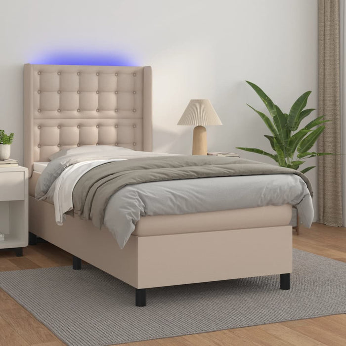 Pat cu arcuri, cu saltea și LED cappuccino 90x190 cm, piele eco WALTI