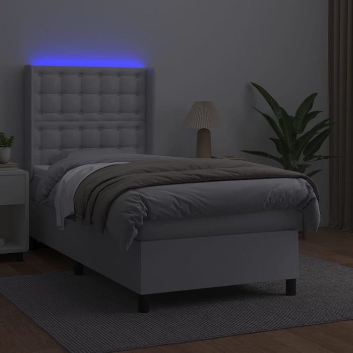 Pat continental cu saltea & LED, alb, 90x200 cm, piele eco WALTI