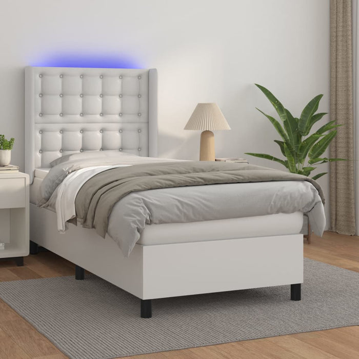 Pat continental cu saltea & LED, alb, 90x200 cm, piele eco WALTI