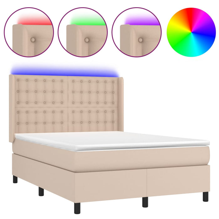 Pat cu arcuri, cu saltea și LED cappuccino 140x190 cm piele eco WALTI