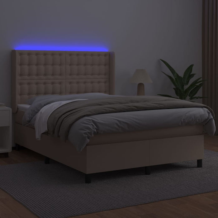 Pat cu arcuri, cu saltea și LED cappuccino 140x190 cm piele eco WALTI