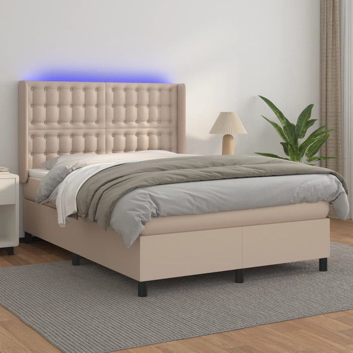 Pat cu arcuri, cu saltea și LED cappuccino 140x190 cm piele eco WALTI
