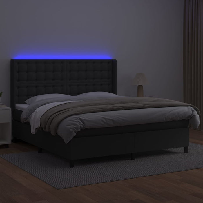 Pat cu arcuri, saltea și LED, negru, 160x200cm, piele ecologică WALTI