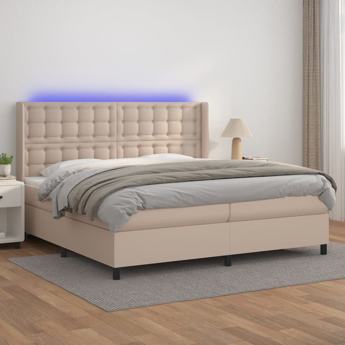 Pat cu arcuri, cu saltea și LED cappuccino 200x200 cm piele eco WALTI