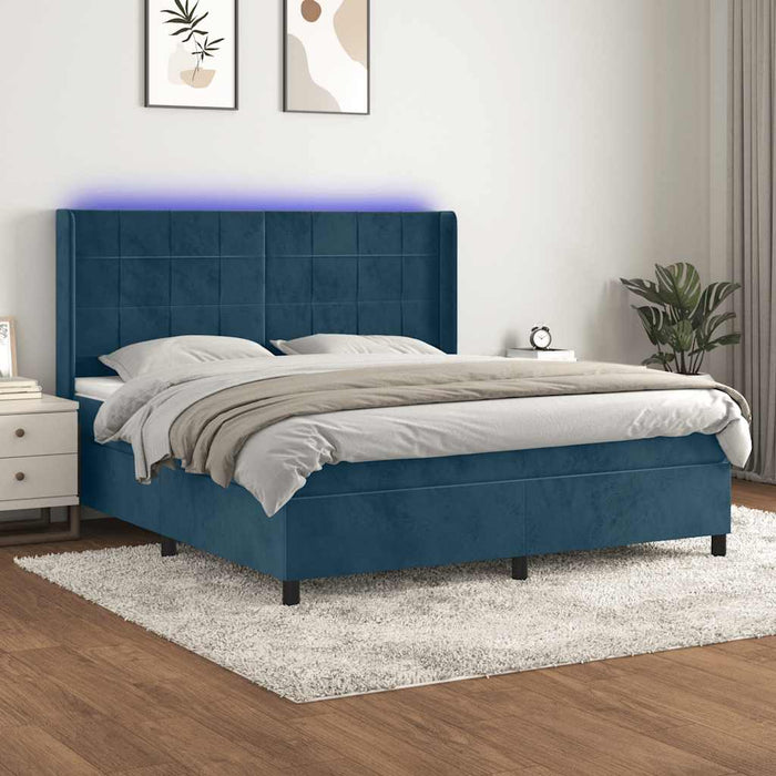 Pat cu arcuri, saltea și LED, bleumarin, 180x200 cm, catifea WALTI