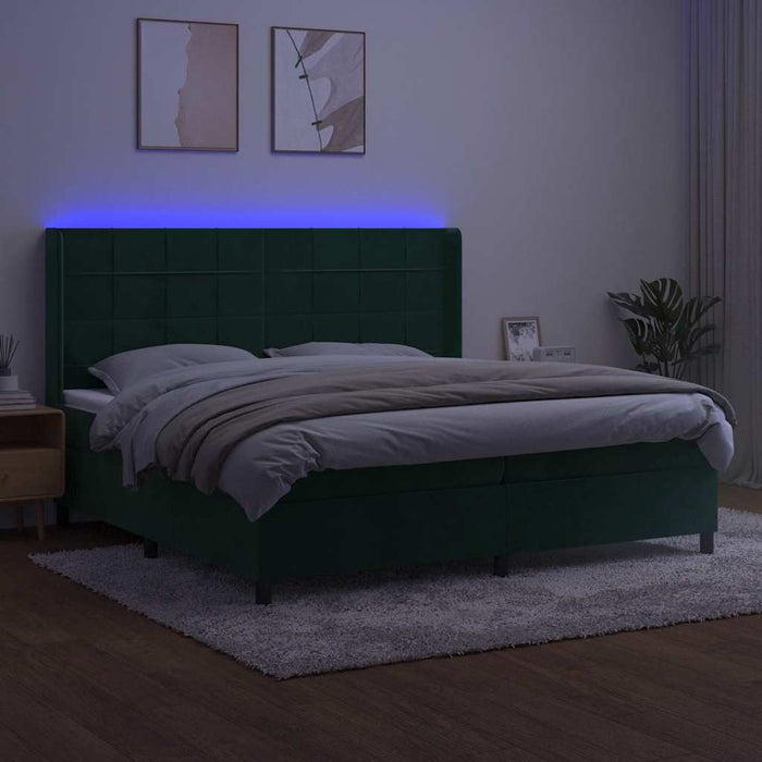 Pat cu arcuri, saltea și LED, verde închis, 200x200 cm, catifea - WALTI WALTI