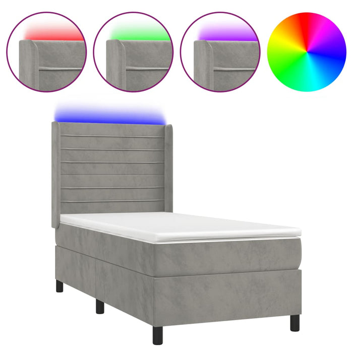 Pat cu arcuri, cu saltea & LED, gri deschis, 80x200 cm, catifea - WALTI WALTI