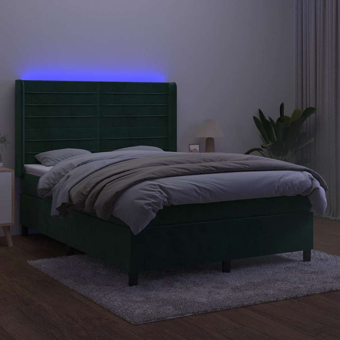 Pat cu arcuri, saltea și LED, verde închis, 140x190 cm, catifea - WALTI WALTI