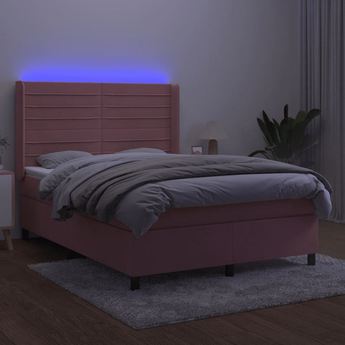 Pat cu arcuri, cu saltea și LED, roz, 140x190 cm catifea WALTI