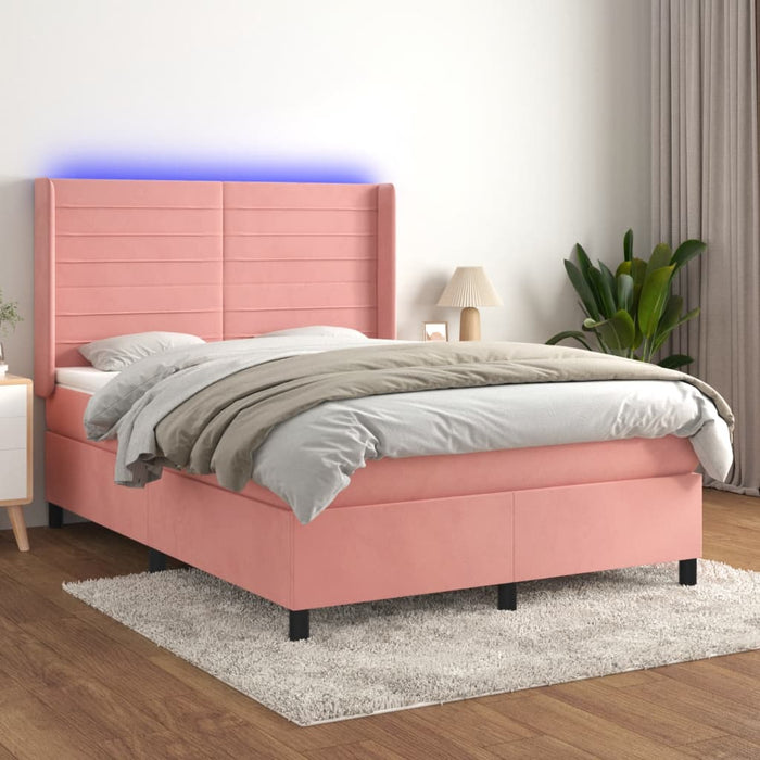 Pat cu arcuri, cu saltea și LED, roz, 140x190 cm catifea WALTI