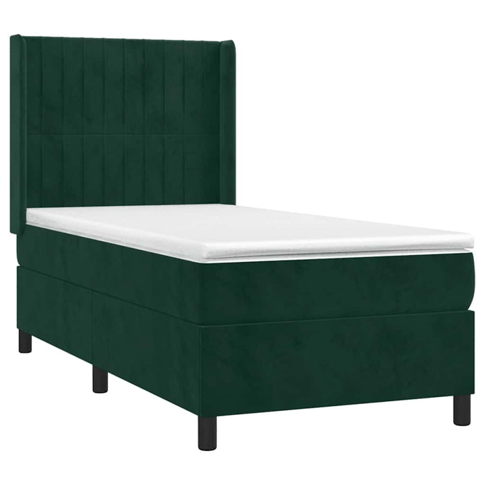 Pat cu arcuri, saltea și LED, verde închis, 90x190 cm, catifea WALTI