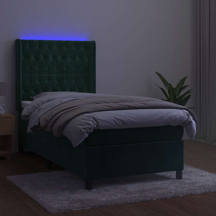 Pat cu arcuri, saltea și LED, verde închis, 90x190 cm, catifea WALTI
