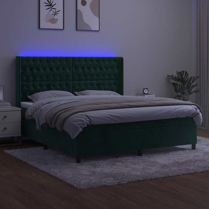 Pat cu arcuri, saltea și LED, verde închis, 180x200 cm, catifea - WALTI WALTI