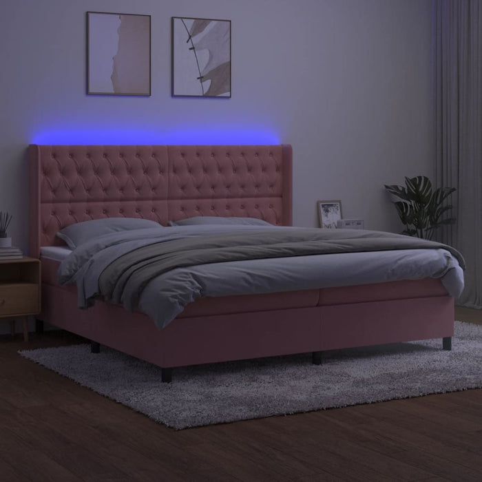 Pat continental cu saltea & LED, roz, 200x200 cm, catifea - WALTI WALTI