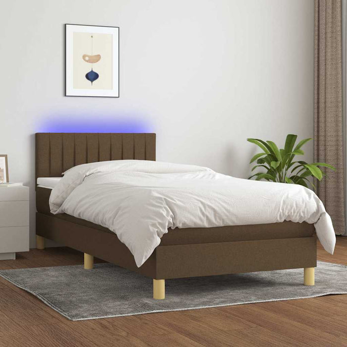 Pat cu arcuri, saltea și LED, maro închis, 90x190 cm, textil WALTI
