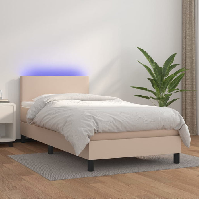 Pat cu arcuri, cu saltea și LED, cappuccino 90x200 cm piele eco WALTI