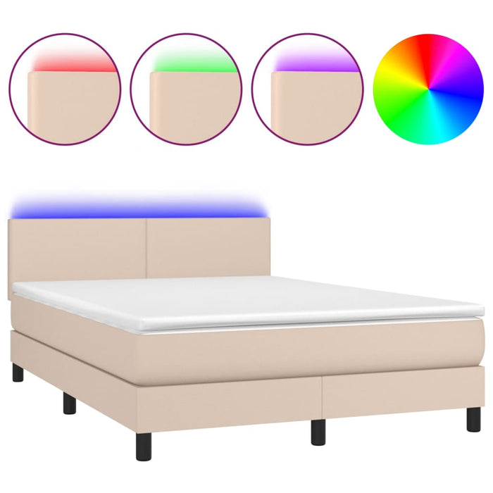 Pat cu arcuri, cu saltea și LED cappuccino 140x190 cm piele eco WALTI