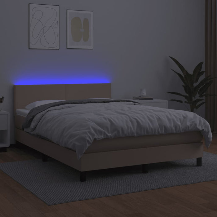 Pat cu arcuri, cu saltea și LED cappuccino 140x190 cm piele eco WALTI