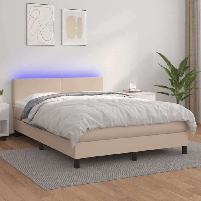 Pat cu arcuri, cu saltea și LED cappuccino 140x190 cm piele eco WALTI