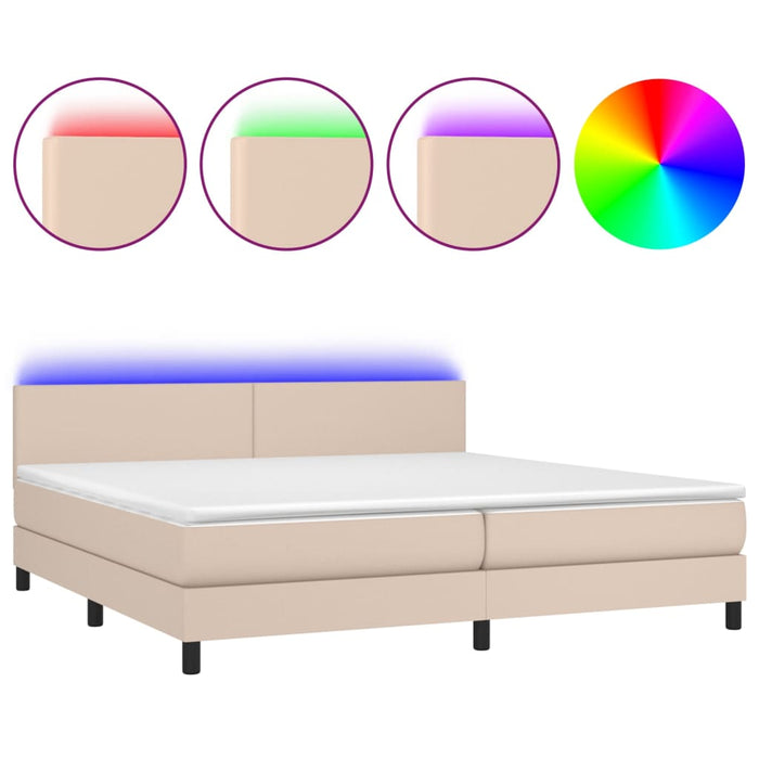 Pat cu arcuri, cu saltea și LED cappuccino 200x200 cm piele eco WALTI