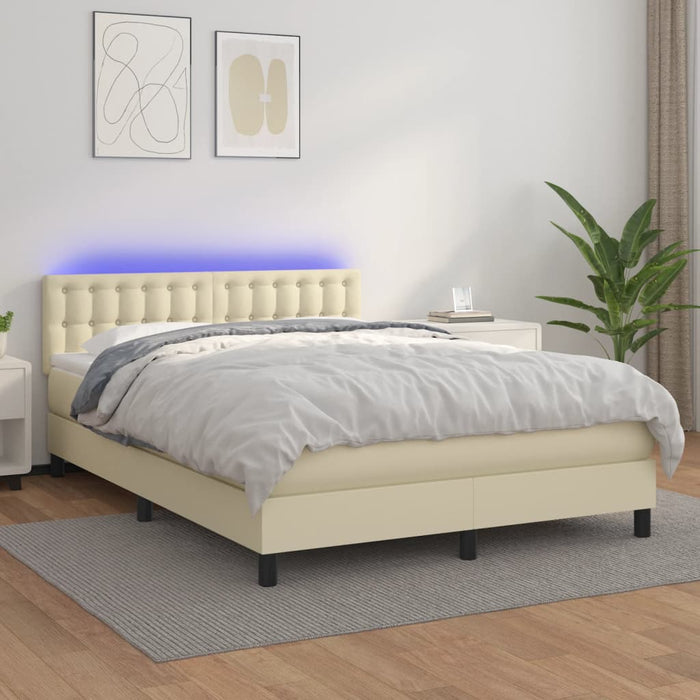 Pat cu arcuri, cu saltea & LED, crem, 140x190 cm, piele eco WALTI