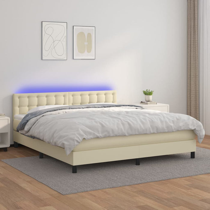 Pat cu arcuri, saltea și LED, crem, 160x200 cm, piele ecologică WALTI