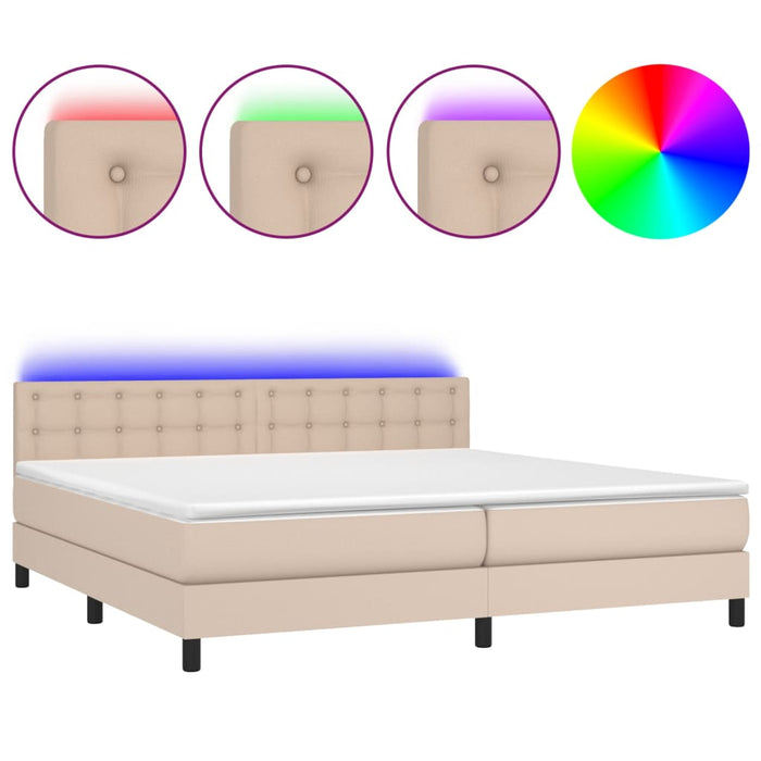 Pat cu arcuri, cu saltea și LED cappuccino 200x200 cm piele eco WALTI