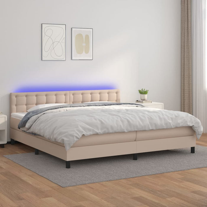 Pat cu arcuri, cu saltea și LED cappuccino 200x200 cm piele eco WALTI