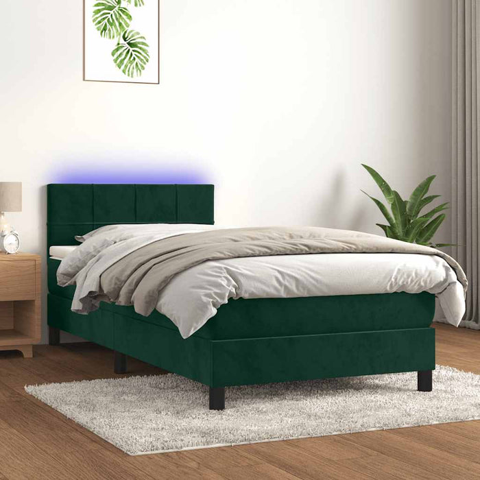 Pat cu arcuri, saltea și LED, verde închis, 90x190 cm, catifea - WALTI WALTI