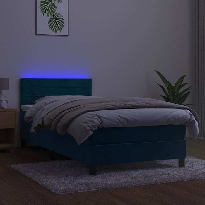 Pat cu arcuri, saltea și LED, bleumarin, 90x190 cm, catifea - WALTI WALTI