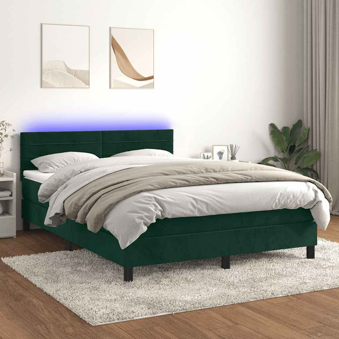 Pat cu arcuri, saltea și LED, verde închis, 140x190 cm, catifea - WALTI WALTI