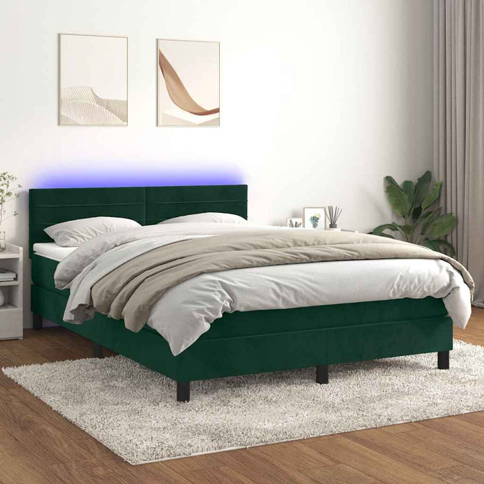 Pat cu arcuri, saltea și LED, verde închis, 140x200 cm, catifea WALTI