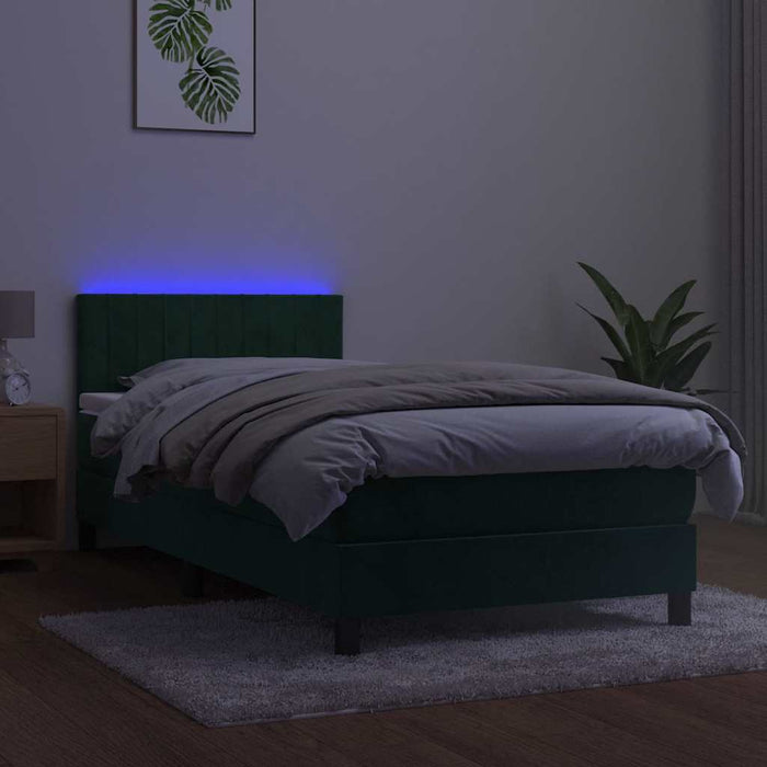 Pat cu arcuri, saltea și LED, verde închis, 90x190 cm, catifea - WALTI WALTI