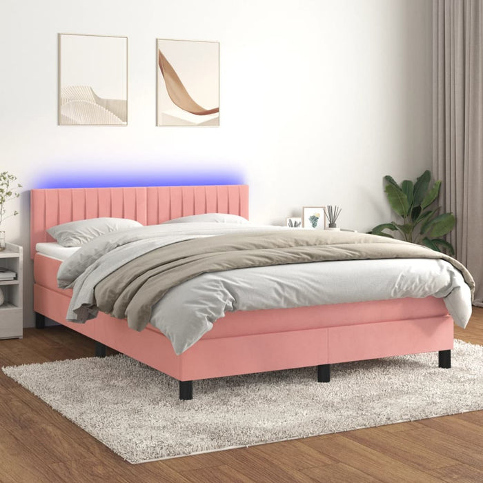 Pat cu arcuri, cu saltea și LED, roz, 140x190 cm catifea - WALTI WALTI