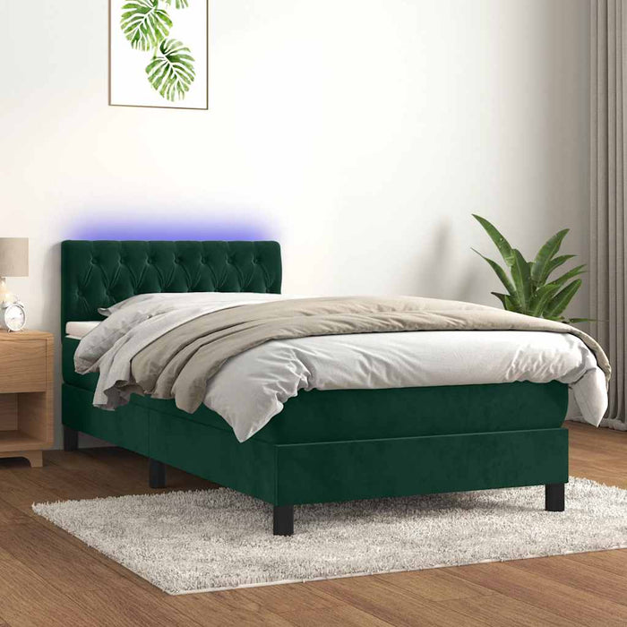 Pat cu arcuri, saltea și LED, verde închis, 90x190 cm, catifea - WALTI WALTI