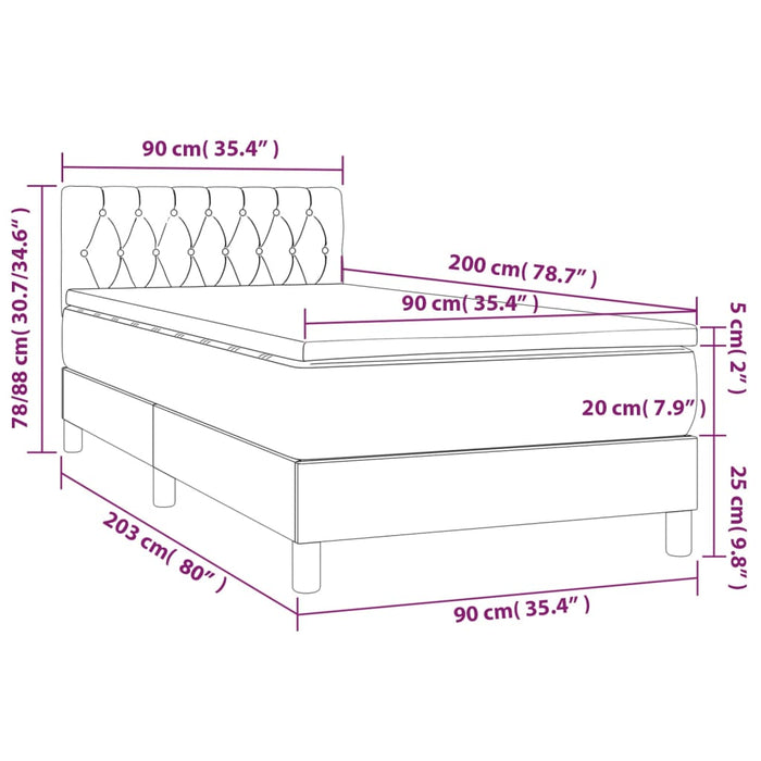 Pat cu arcuri, saltea și LED, gri închis, 90x200 cm, catifea WALTI