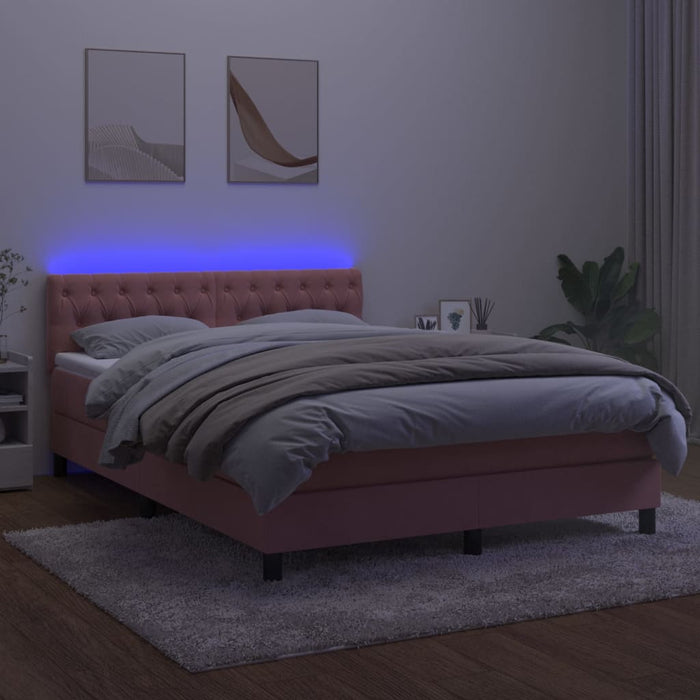 Pat cu arcuri, cu saltea și LED, roz, 140x190 cm catifea WALTI