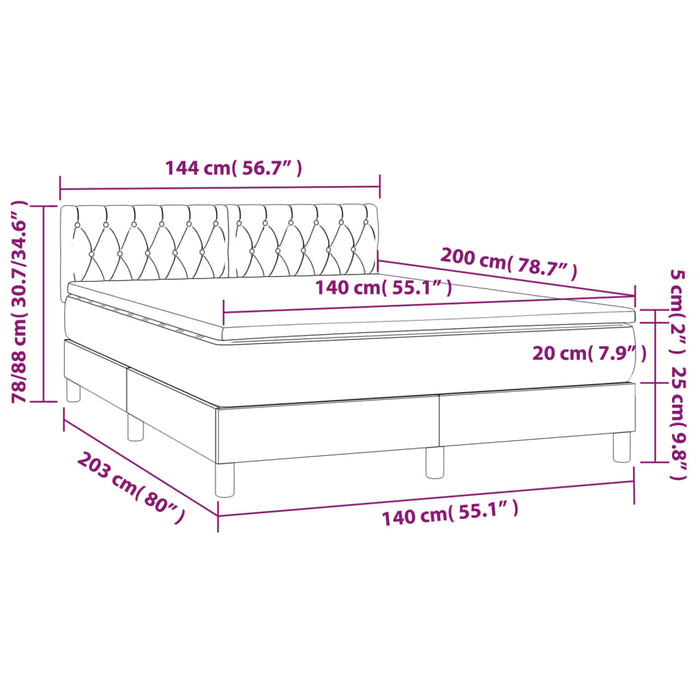 Pat cu arcuri, saltea și LED, gri închis, 140x200 cm, catifea WALTI