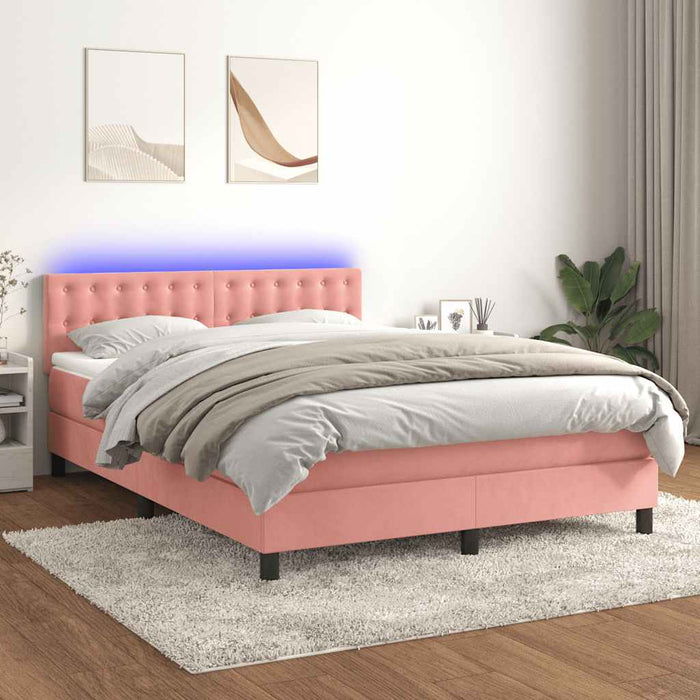 Pat cu arcuri, cu saltea și LED, roz, 140x190 cm catifea - WALTI WALTI