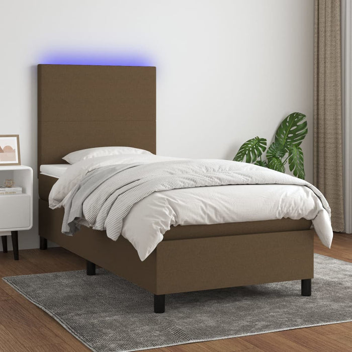 Pat cu arcuri, saltea și LED, maro închis, 80x200 cm, textil WALTI
