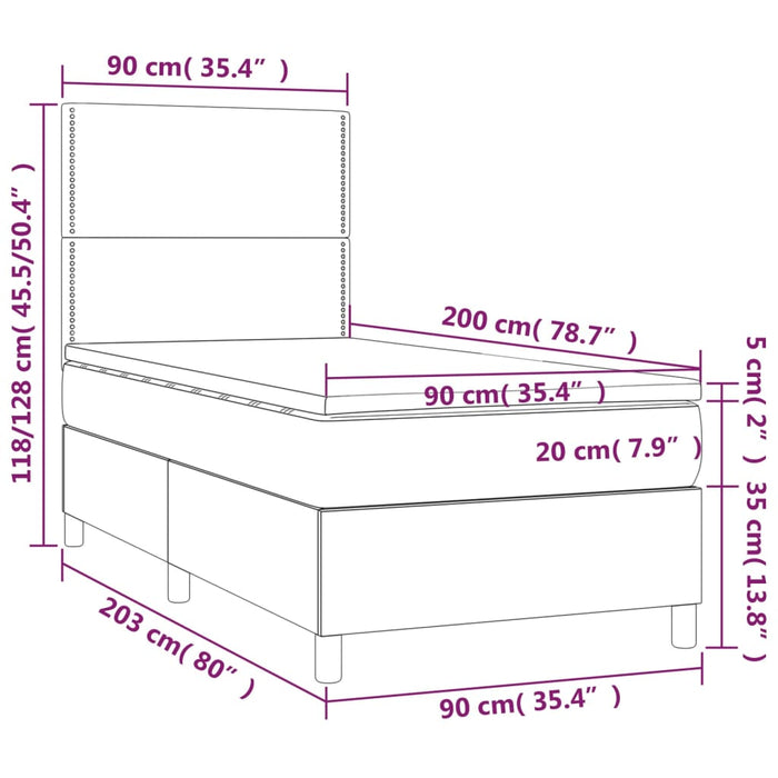 Pat cu arcuri, saltea și LED, gri închis, 90x200 cm, textil WALTI