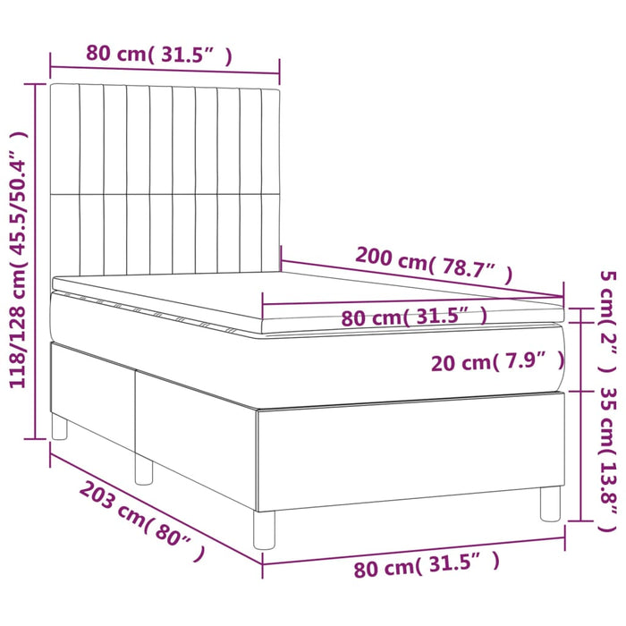 Pat cu arcuri, saltea și LED, gri închis, 80x200 cm, textil WALTI