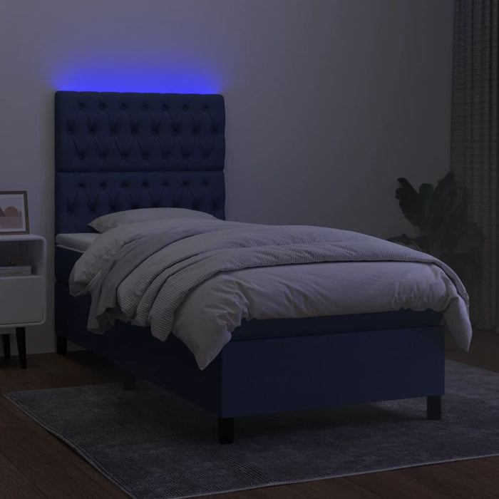 Pat cu arcuri, saltea și LED, albastru, 80x200 cm, textil WALTI