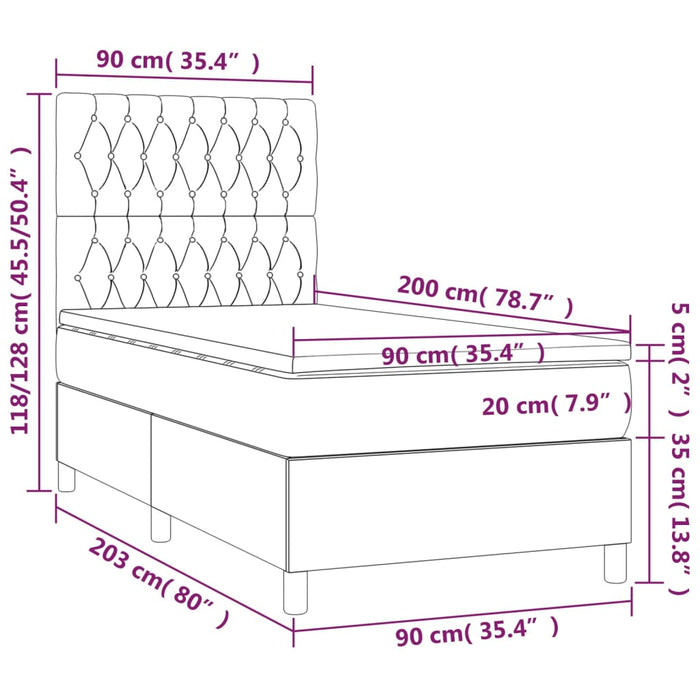 Pat cu arcuri, saltea și LED, gri închis, 90x200 cm, textil WALTI