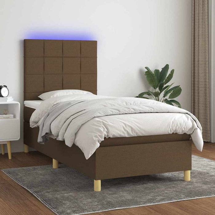 Pat cu arcuri, saltea și LED, maro închis, 80x200 cm, textil WALTI
