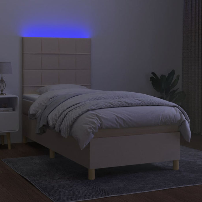 Pat cu arcuri, saltea și LED, crem, 90x190 cm, textil WALTI