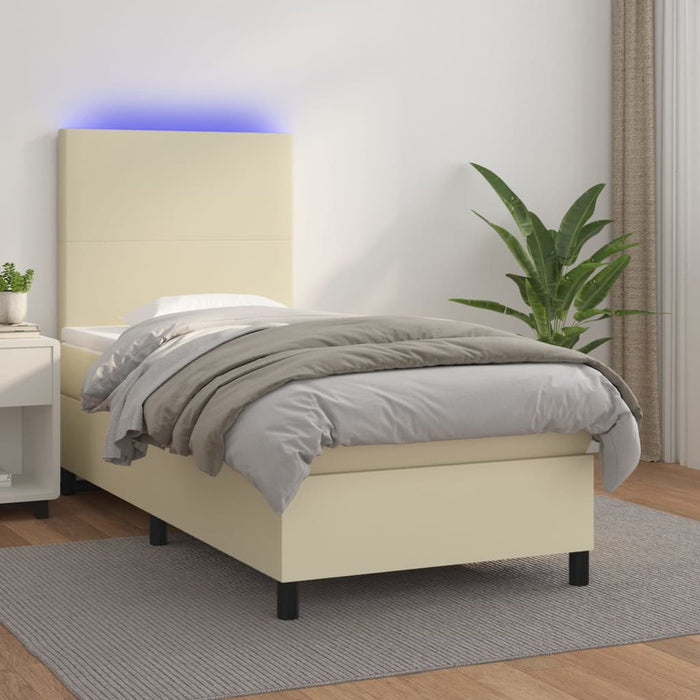 Pat cu arcuri, saltea și LED, crem, 100x200 cm, piele ecologică WALTI