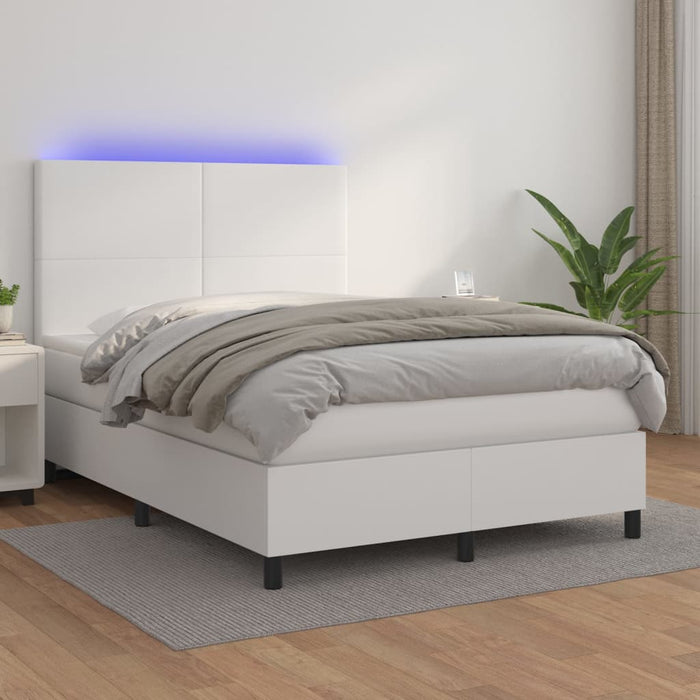 Pat cu arcuri, cu saltea & LED, alb, 140x190 cm, piele eco WALTI